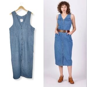 VINTAGE 80s Denim Button Front Maxi Dress With Belt Loops Plus Size